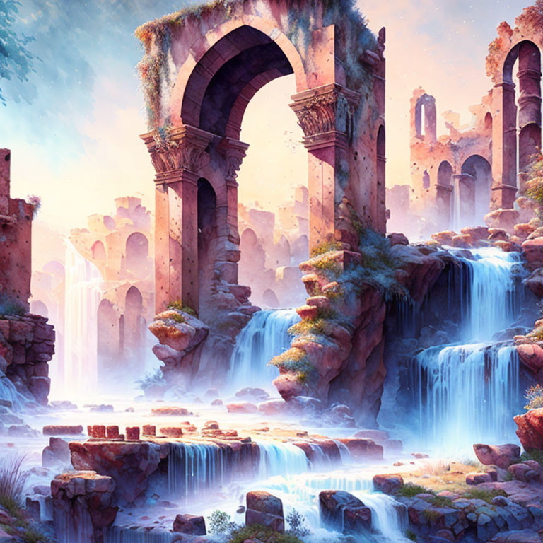 Fantastical landscape with ruins and cascading waterfalls under a dreamlike pink and blue sky