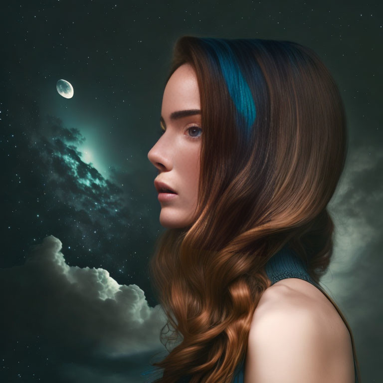 Profile view woman with flowing hair against night sky.