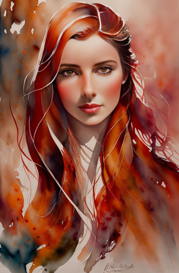 Stylized portrait of woman with red hair on vibrant background