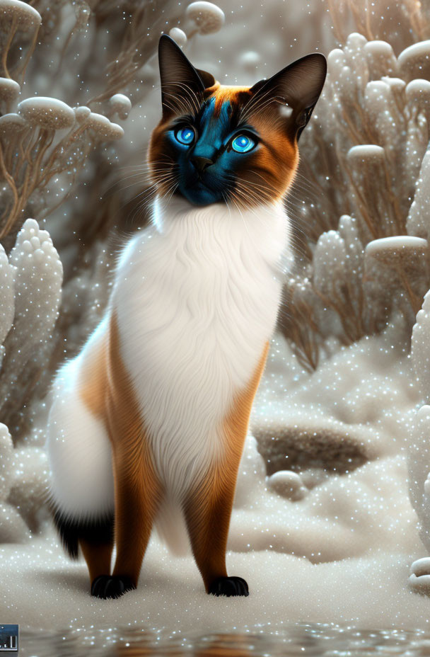 Siamese Cat with Blue Eyes in Snowy Landscape