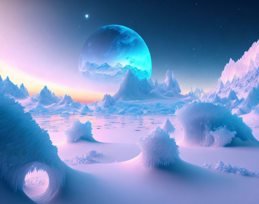 Surreal icy landscape under twilight sky with large moon and jagged peaks