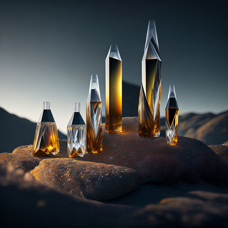 Assorted crystal perfume bottles on rocky surface at sunset