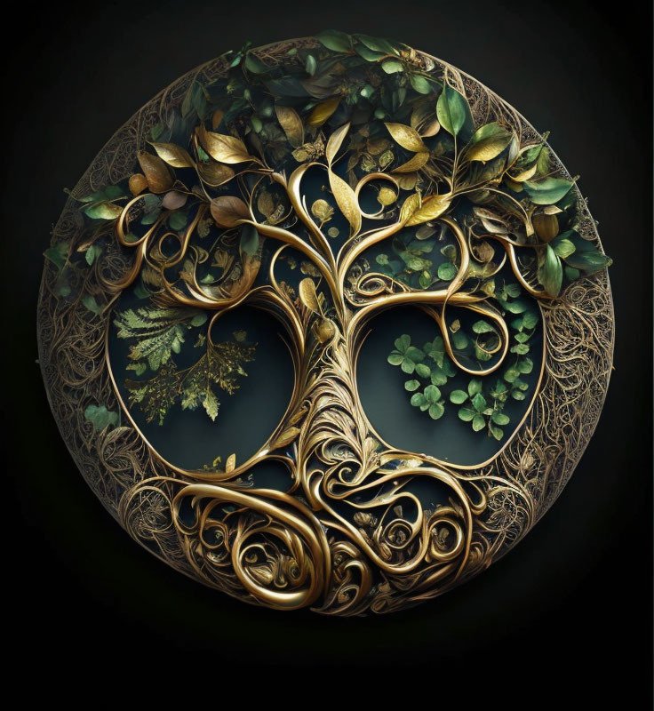 Circular golden tree artwork symbolizing the tree of life