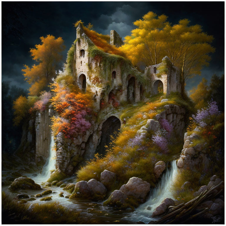 Autumn landscape with old stone ruins, waterfall, and colorful foliage