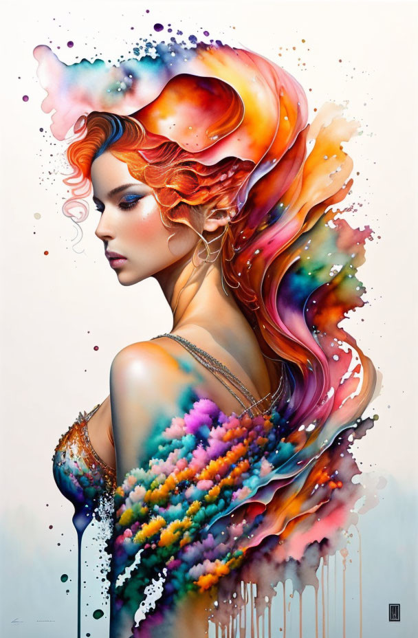 Vibrant woman illustration with flowing hair and nebula patterns