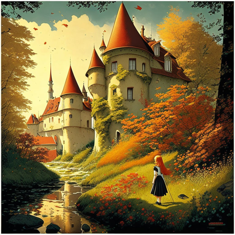 Red-haired girl near grand castle in autumn scenery with river and golden light