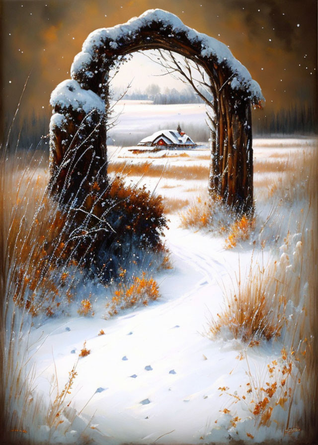 Snowy Landscape with Trail to Small Cabin Through Natural Archway