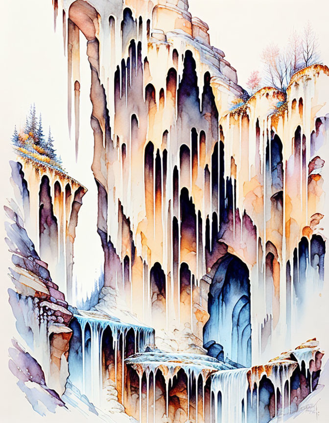 Fantastical watercolor painting of cliff with waterfalls and autumn foliage