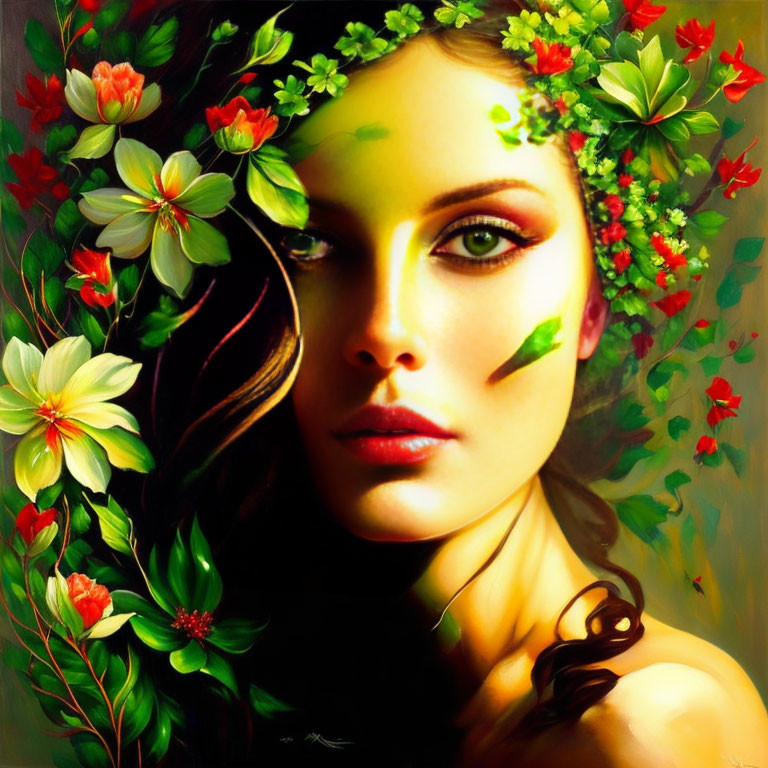 Woman Portrait with Flowers and Leaves in Colorful Botanical Background