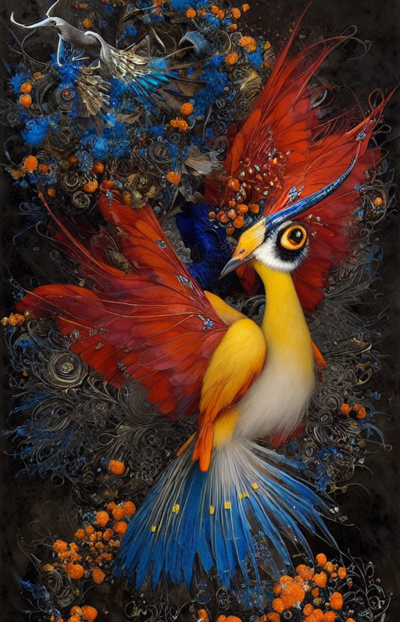 Mythical bird illustration with peacock eye spots and parrot beak among intricate flora