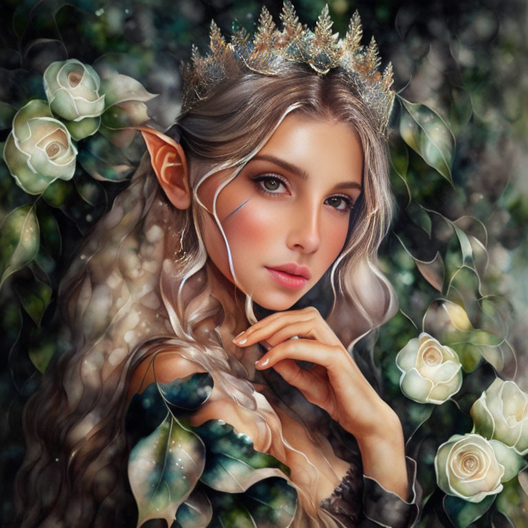 Digital art portrait of an elfin woman with pointed ears and delicate crown amidst ethereal flowers.