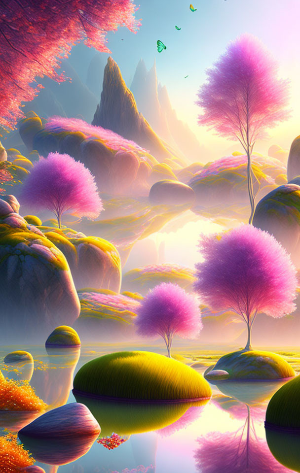 Fantastical landscape with pink trees, floating islands, calm water, rocky formations, pastel sunrise