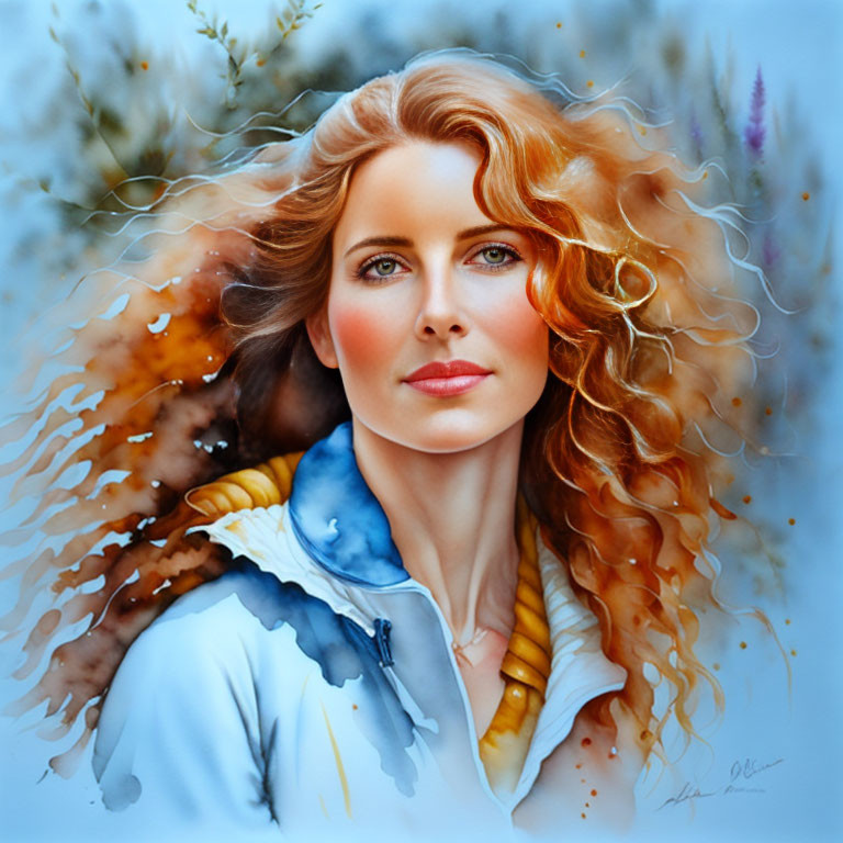 Portrait of woman with curly hair in white jacket against floral background