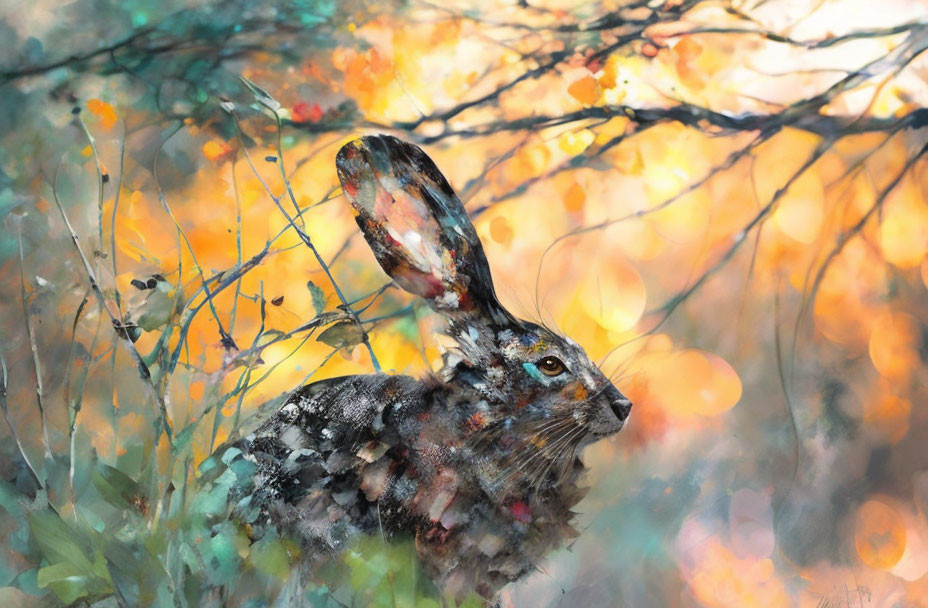 Rabbit Painting Among Colorful Foliage and Bokeh Background