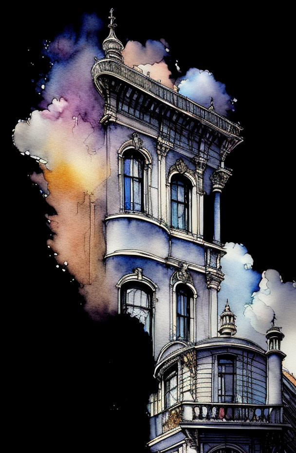 Whimsical building illustration against vibrant night sky