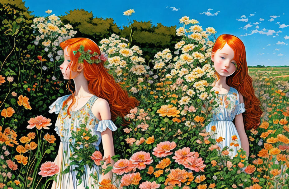 Illustrated red-haired girls in flower field under blue sky