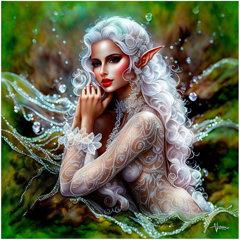 Fantasy illustration of a white-haired elf in lacey attire in woodland setting