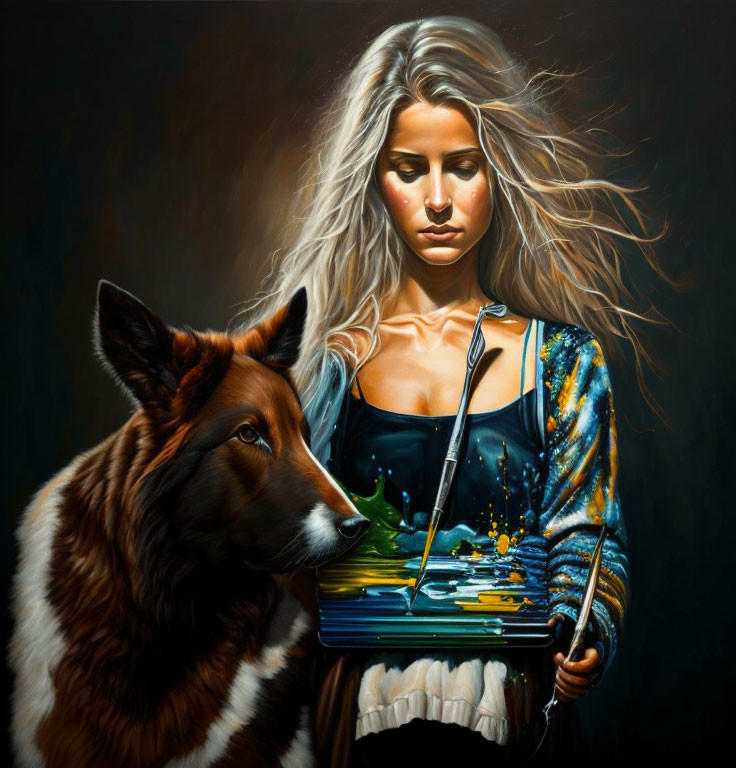 Silver-haired woman with paint palette and dog in thoughtful gaze