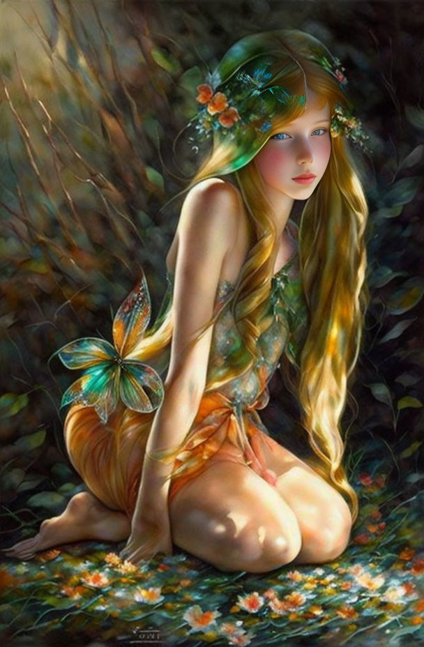 Illustrated blonde fairy in green and orange outfit in nature