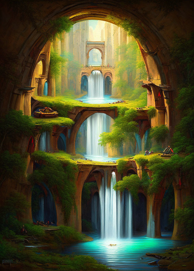 Fantasy landscape with waterfalls, arches, greenery, and ruins