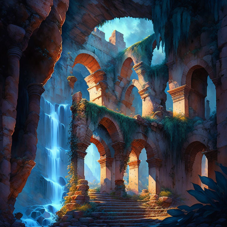 Digital artwork features mystical ancient ruin with arches, waterfalls, lush vegetation, ethereal light