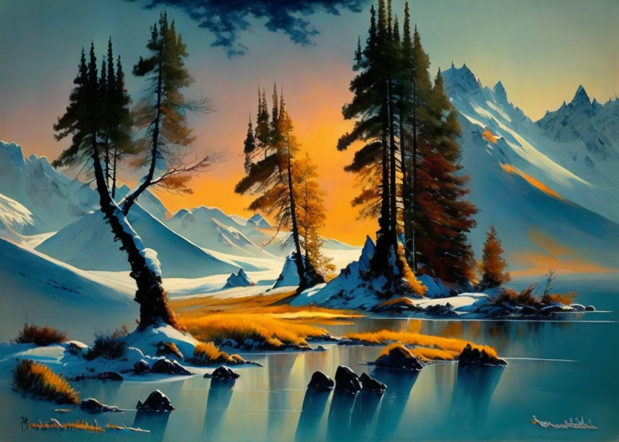 Snowy Valley Landscape Painting at Sunset