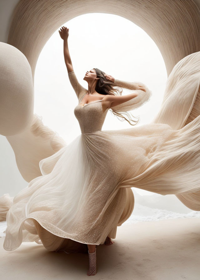 Elegant woman in flowing gown with swirling backdrop