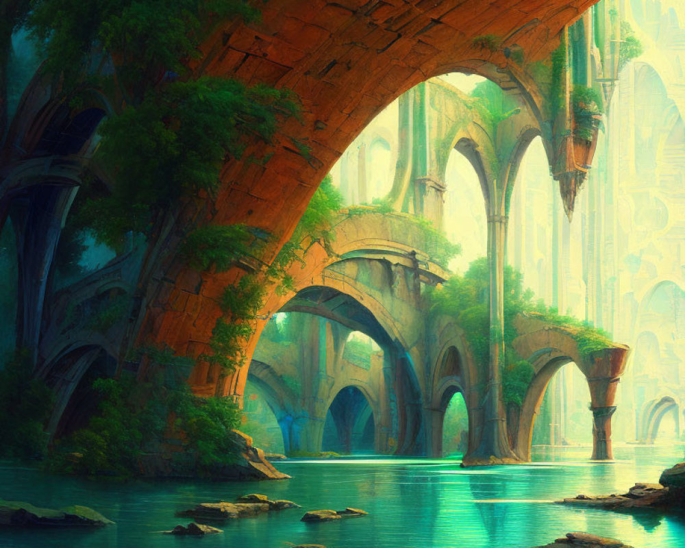 Mystical river under ancient moss-covered bridges in lush forest