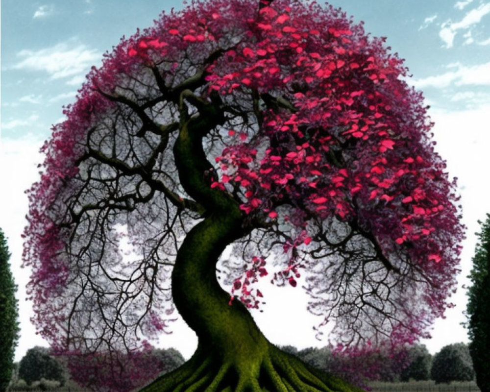 Majestic tree with pink leaves in digital artwork