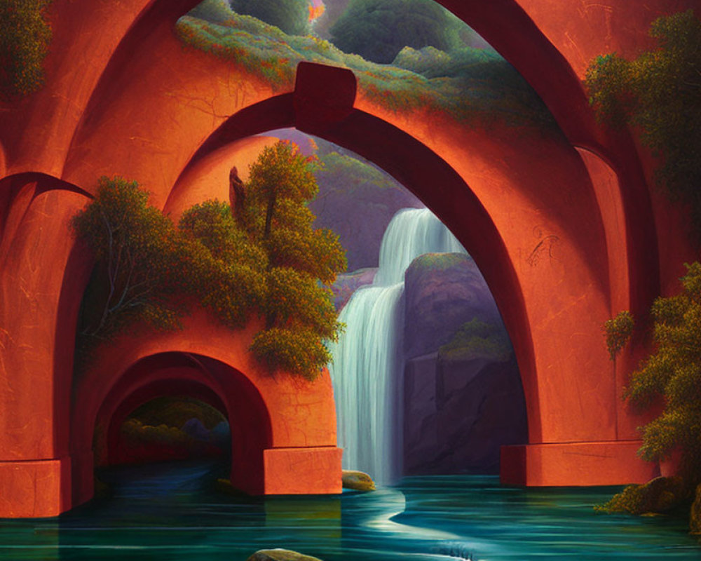 Tranquil waterfall scene with stacked red arch bridges