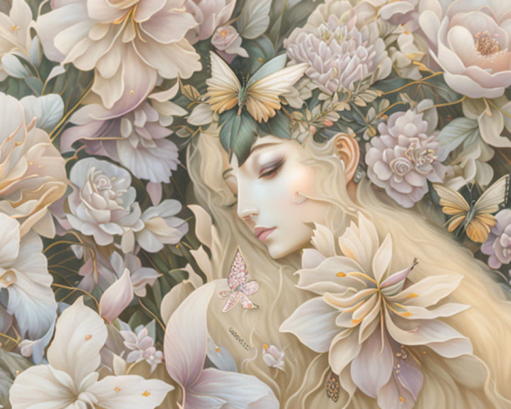 Serene woman's face with pastel flowers and butterflies