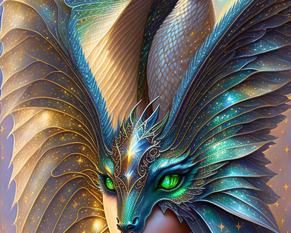 Digital illustration of humanoid with dragon features and wings, with blue dragon.