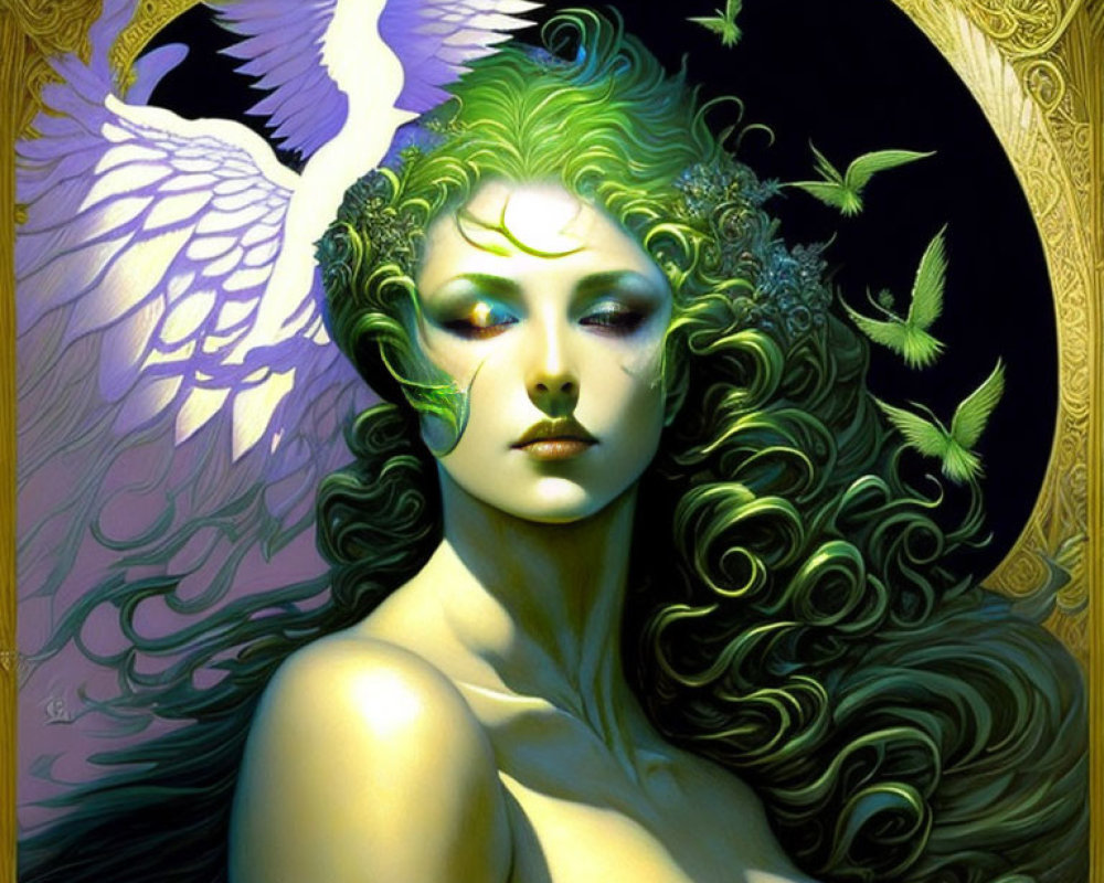 Fantastical illustration: Woman with green hair, white bird, golden patterns, butterflies.