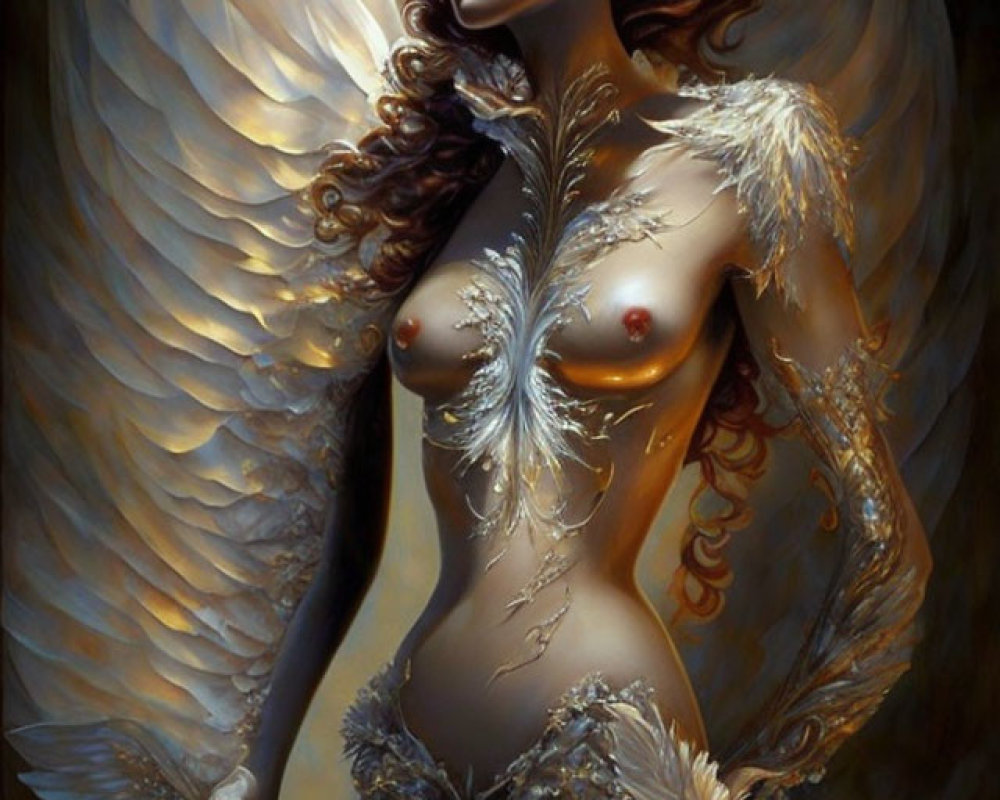 Ethereal figure with angelic wings and golden adornments on dark background