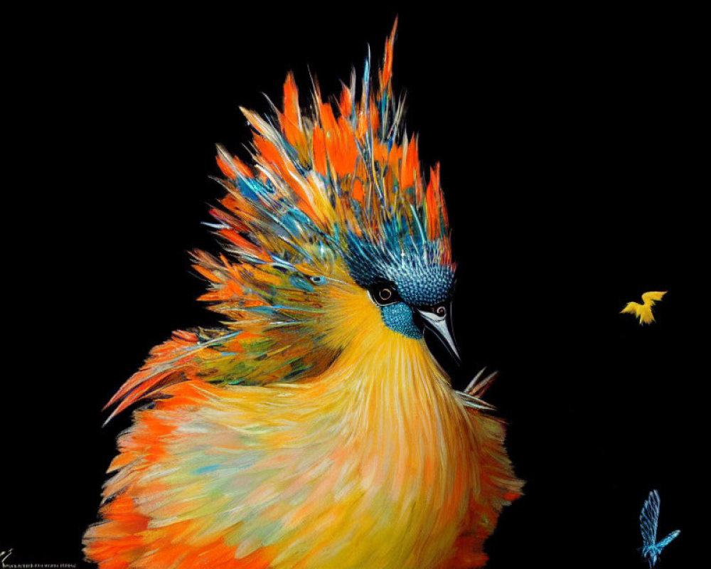 Vibrant orange bird illustration on black background with feathers