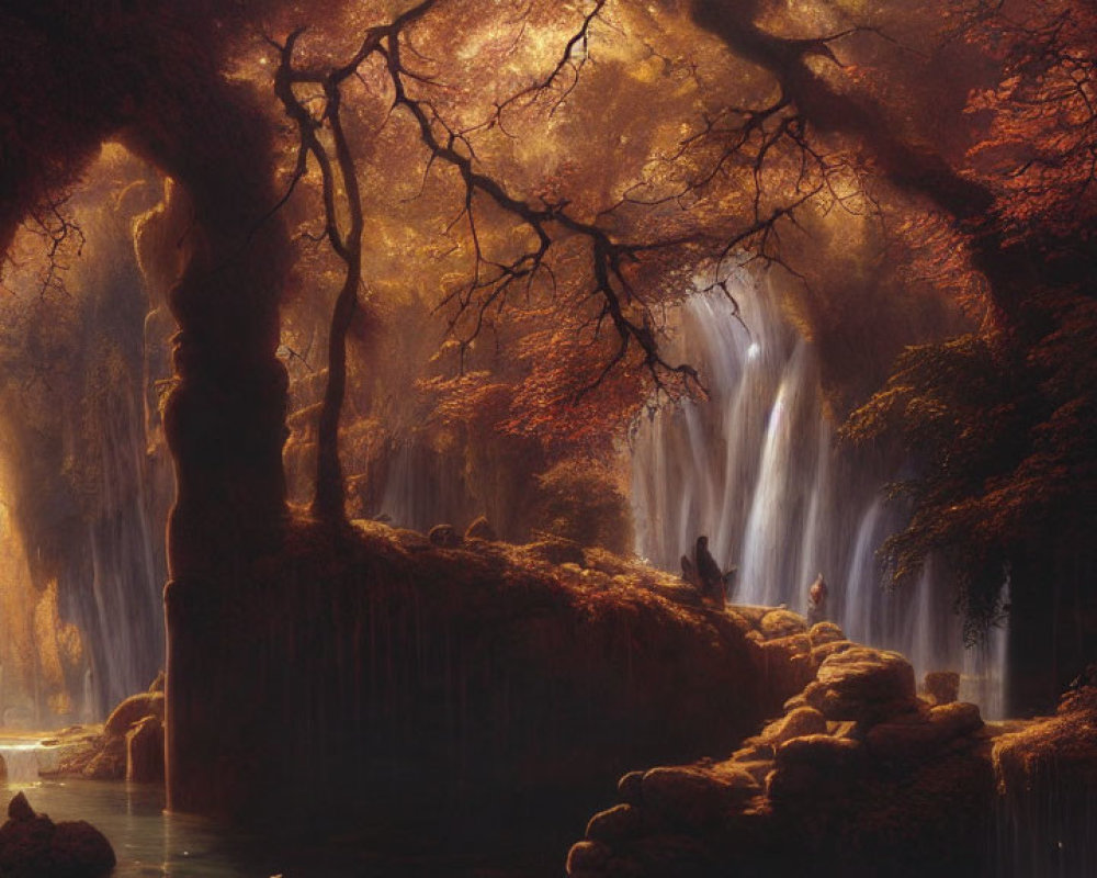 Mystical autumn forest with waterfall and sunlight rays