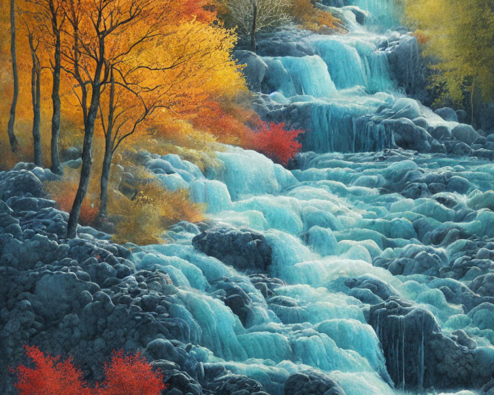 Colorful painting of autumn waterfall with vibrant oranges, reds, and blues