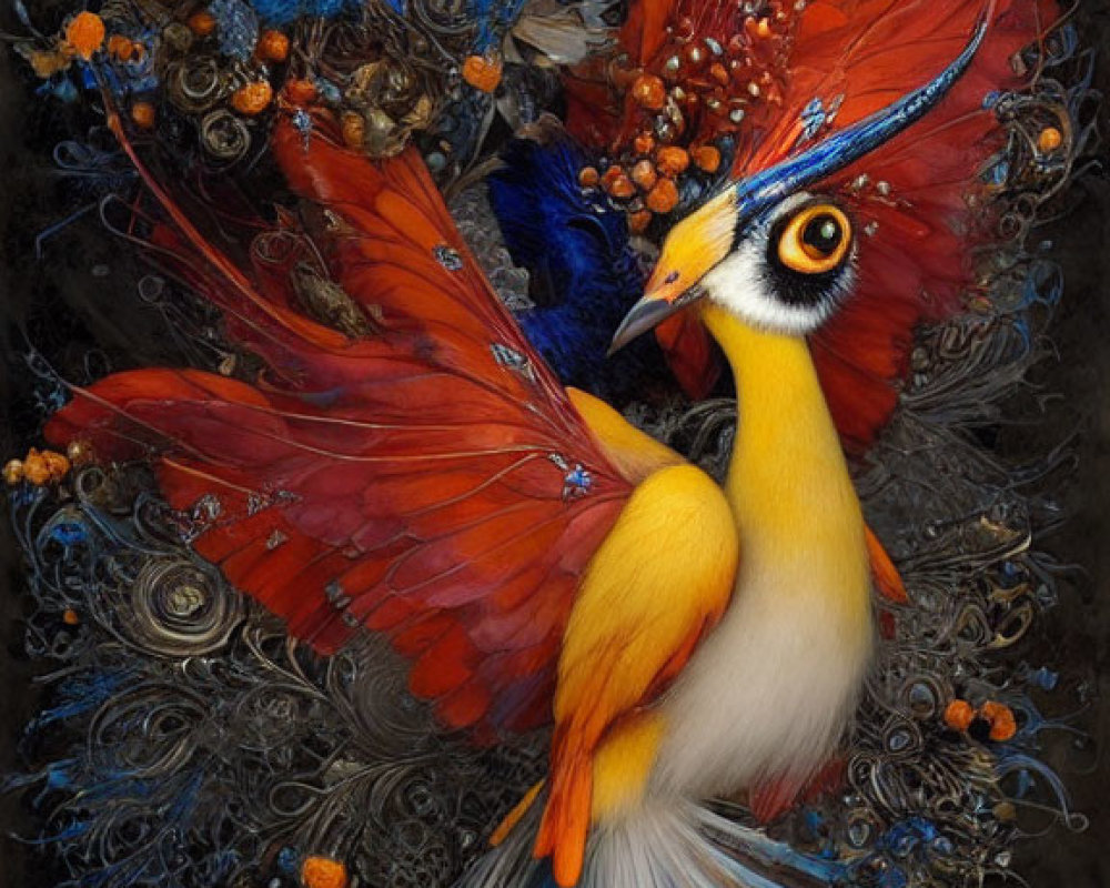 Mythical bird illustration with peacock eye spots and parrot beak among intricate flora