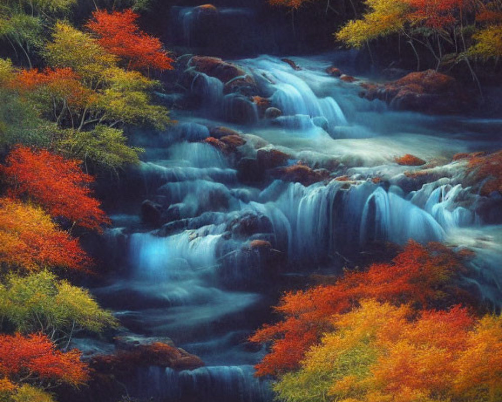 Tranquil waterfall in autumn setting with vibrant colors