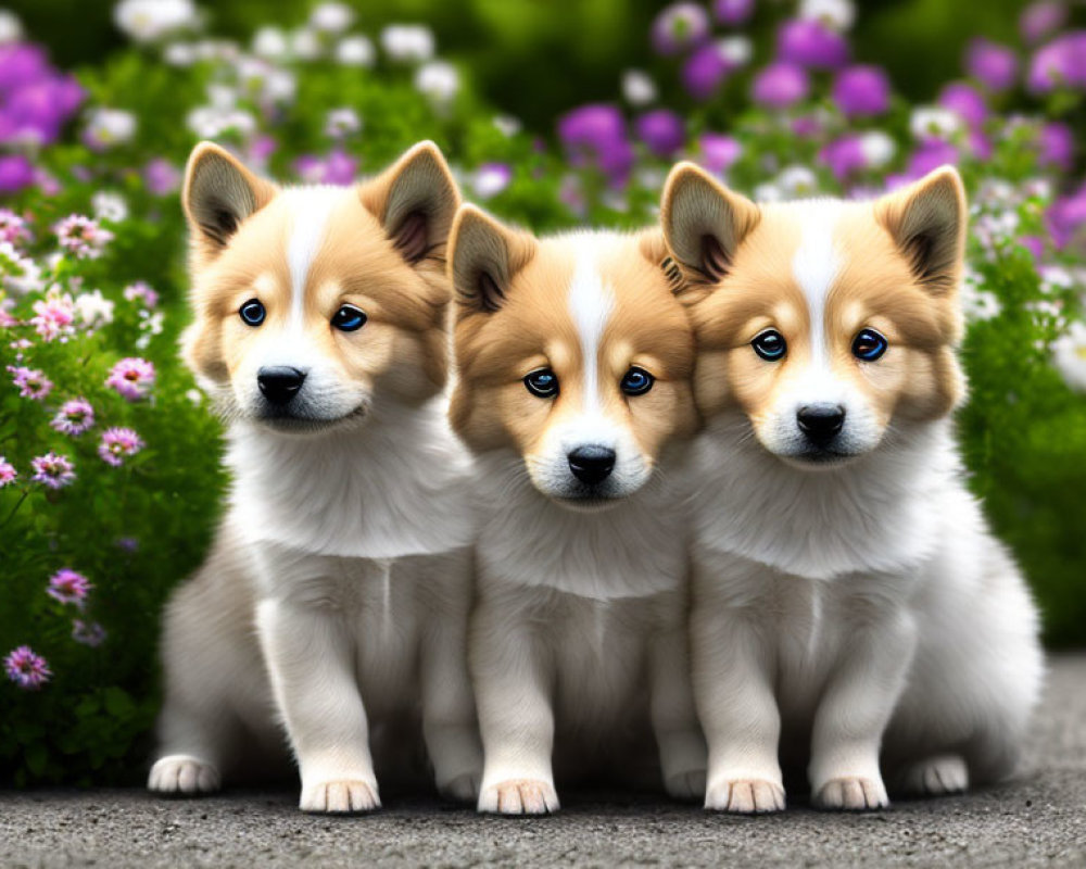 Three Corgi Puppies with Colorful Garden Background