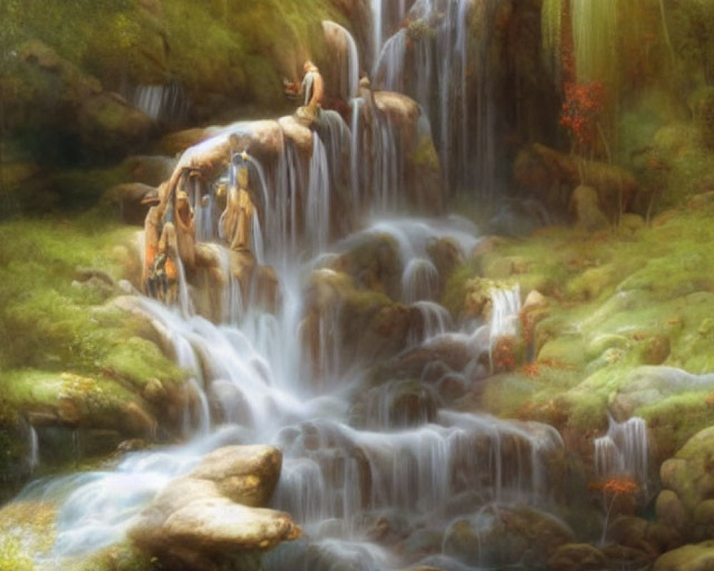Tranquil forest waterfall with green foliage and sunlight