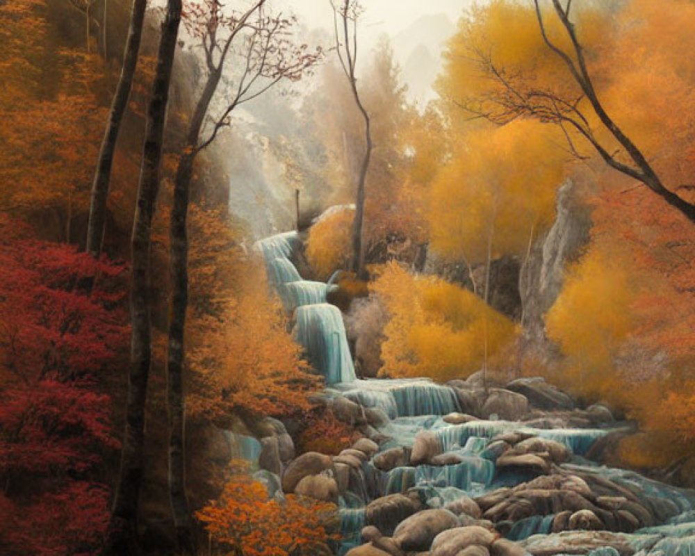 Tranquil forest with autumn trees and turquoise waterfalls