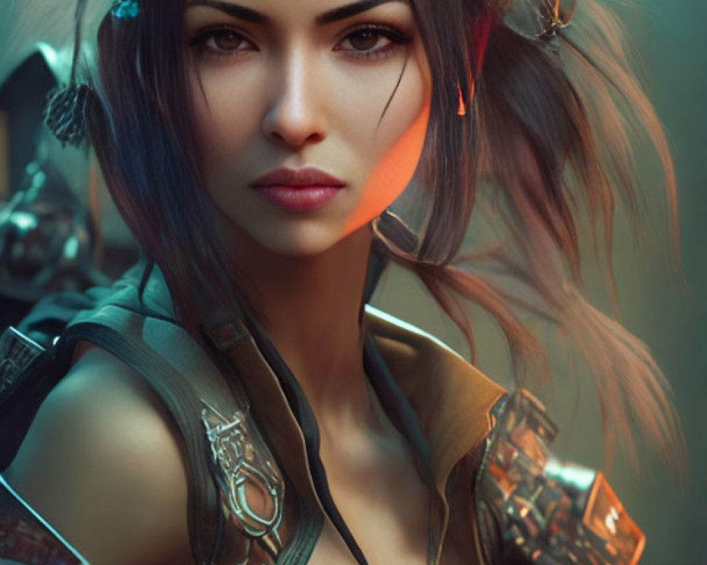 Futuristic digital artwork of a woman with cybernetic enhancements