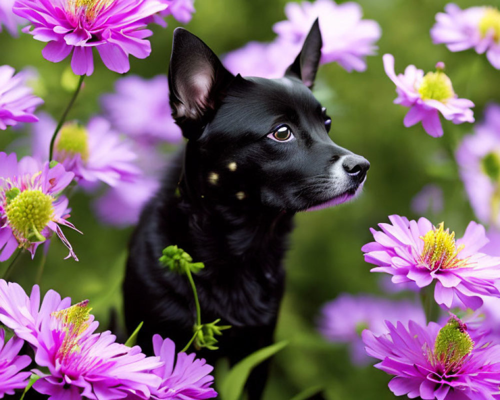 Black Dog Among Vibrant Pink and Purple Flowers