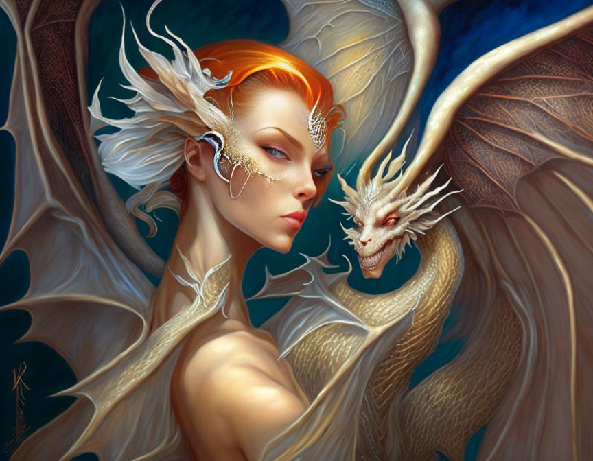 Fantasy illustration of woman with elfin features and dragon.