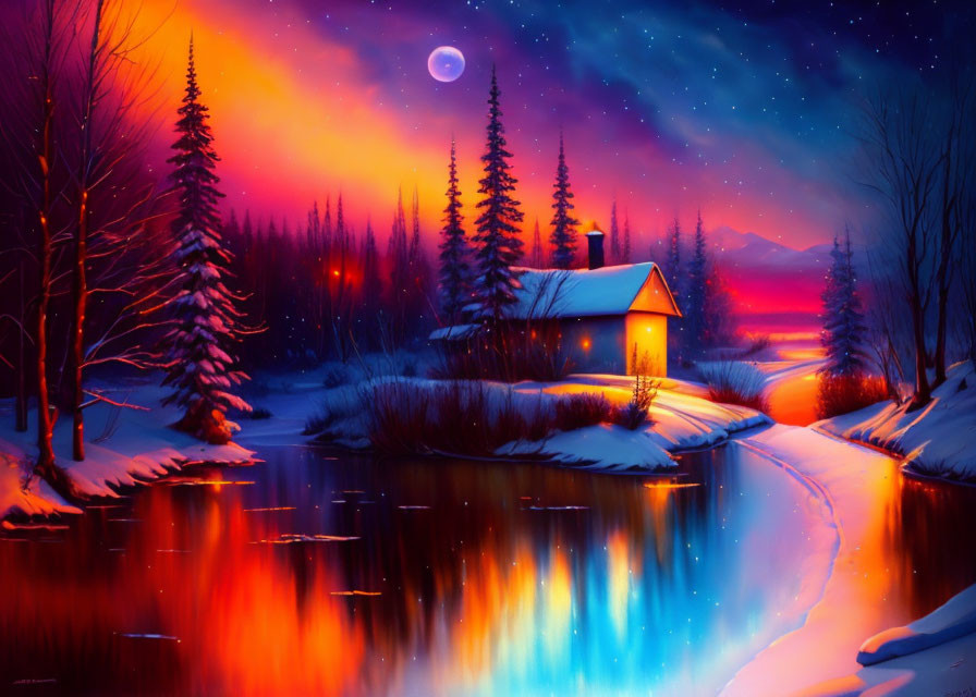 Winter Twilight: Colorful Landscape with Cozy Cottage, Reflective River, Snow-Covered Trees