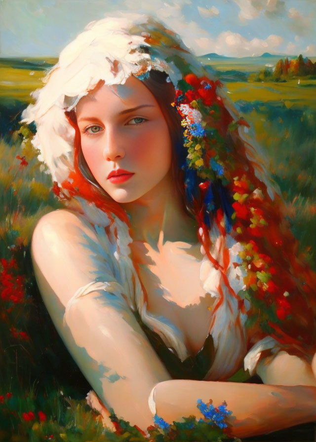 Woman with Floral Headdress Gazing in Nature Scene