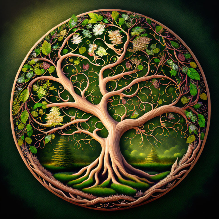 Circular Artwork: Stylized Tree with Wildlife Motifs