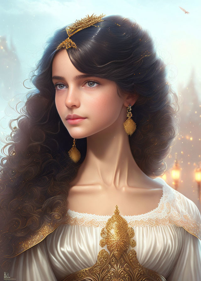 Young woman digital portrait with dark hair, blue eyes, golden jewelry, diadem, elegant attire,