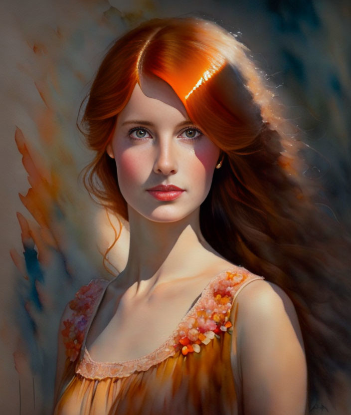 Portrait of Woman with Flowing Red Hair in Orange Dress